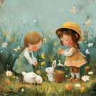 Lapins dans le jardin et oeufs de Pâques